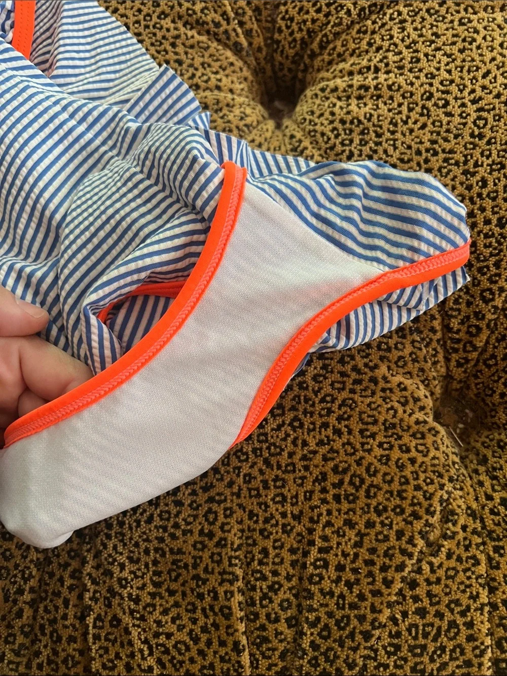 Mini Boden Girls One-Piece Swim - Navy & White Stripes with Orange Trim